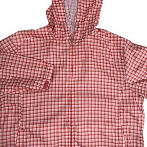LL Bean Gingham Hooded Full Zip Windbreaker Jacket Rain Red Pink Womens S